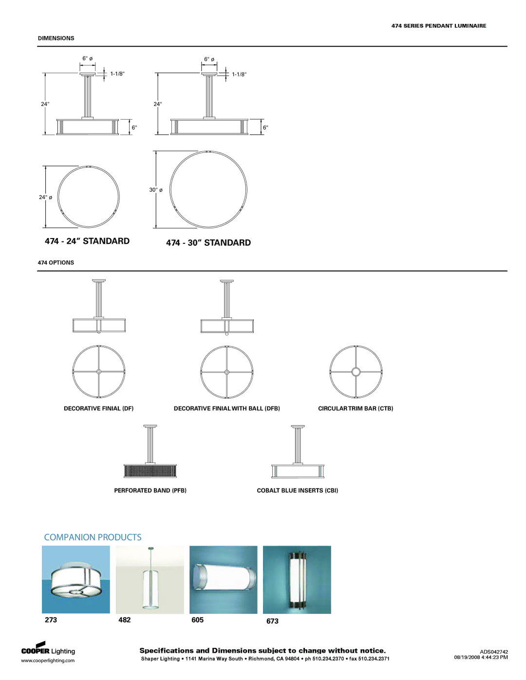 Cooper Lighting specifications 474 24 Standard 474 30 Standard, ADS042742 