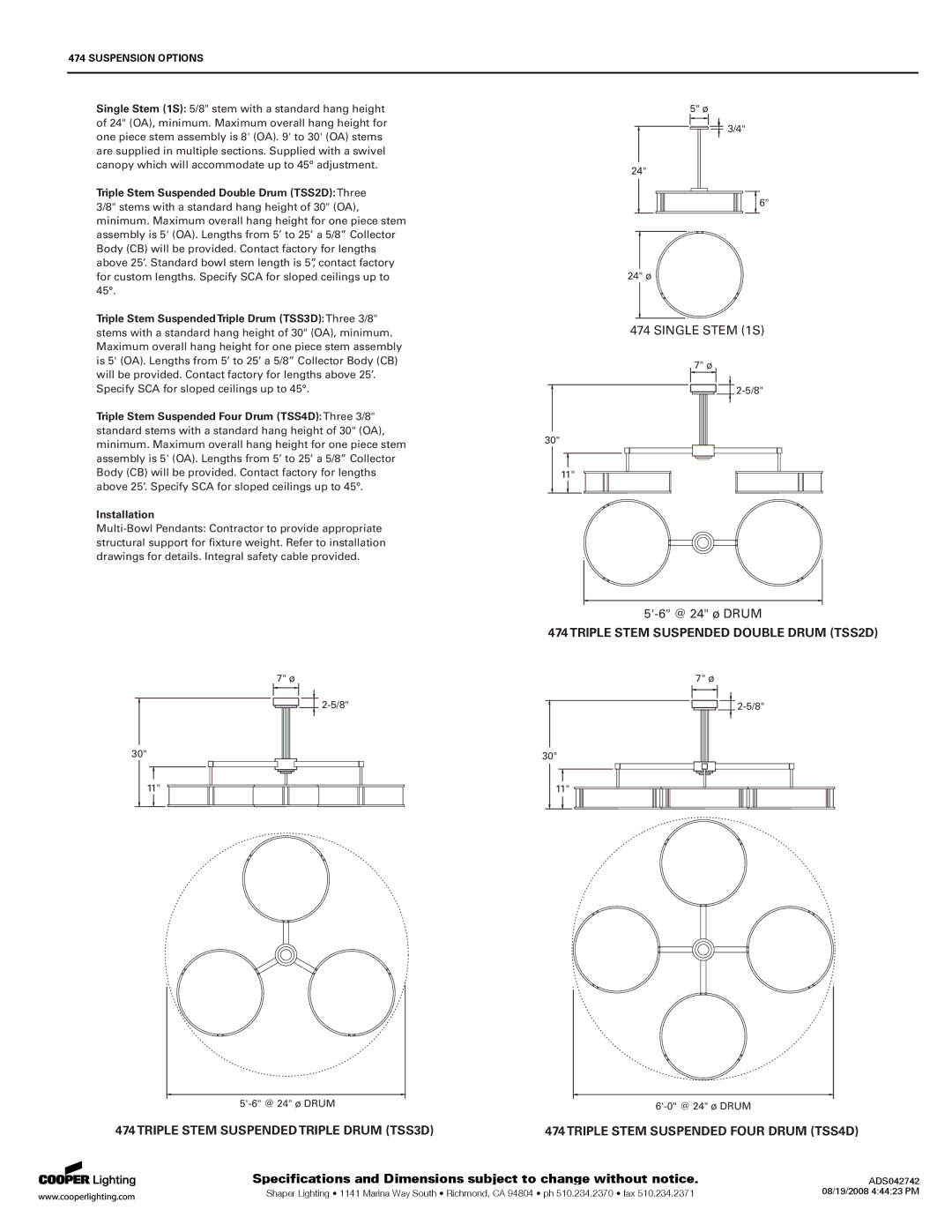 Cooper Lighting 474 specifications Triple Stem Suspended Double Drum TSS2D 