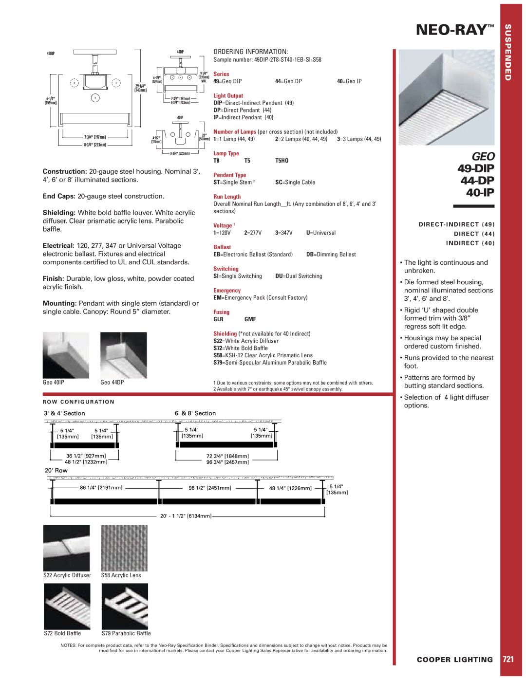 Cooper Lighting 49-DIP, GEO specifications Neo-Ray, Geo, DIP 44-DP 40-IP, Ordering Information, Cooper Lighting 