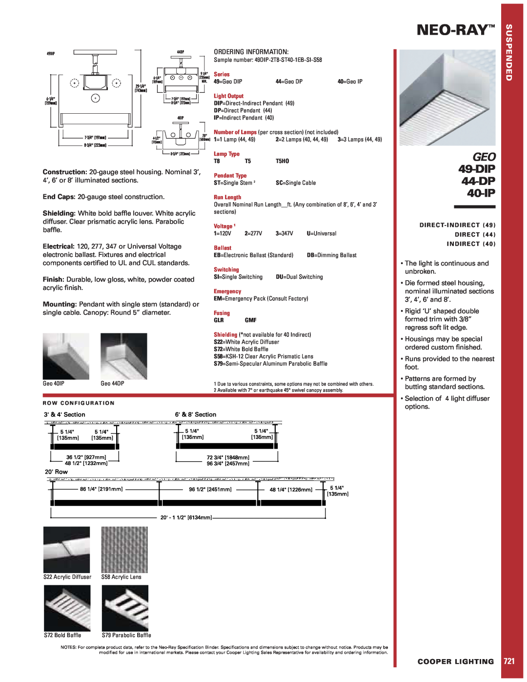 Cooper Lighting 49-DIP, GEO specifications Neo-Ray, DIP 44-DP 40-IP, Ordering Information, Cooper Lighting 