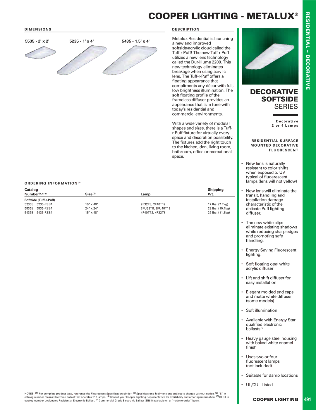Cooper Lighting 491 specifications Cooper Lighting Metalux, Decorative Softside, Series, 5535 2 x 5235 1 x 5435 1.5 x 
