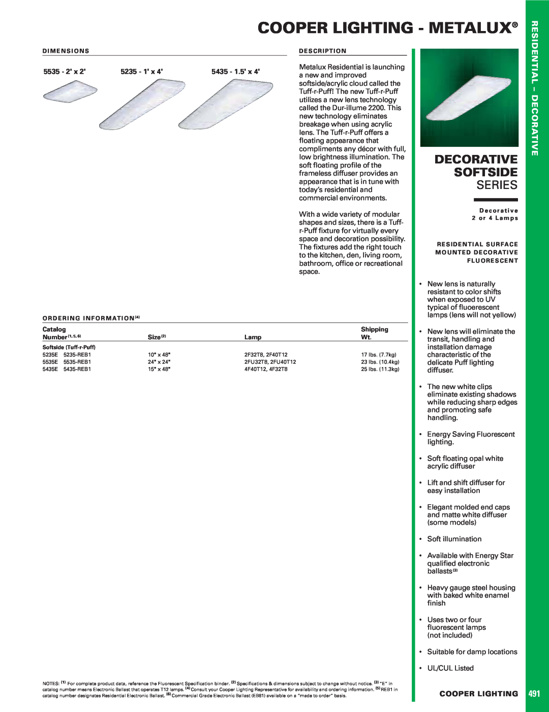 Cooper Lighting 491 specifications Cooper Lighting - Metalux, Decorative Softside, Series, Residential - Decorative, 5535 