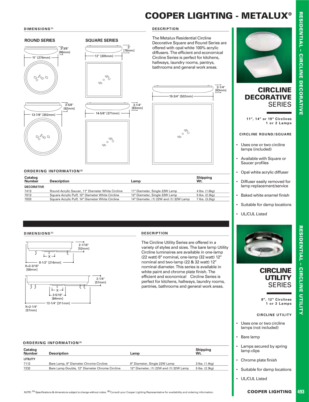 Cooper Lighting 493 dimensions Cooper Lighting Metalux, Circline Utility, Round Series Square Series 