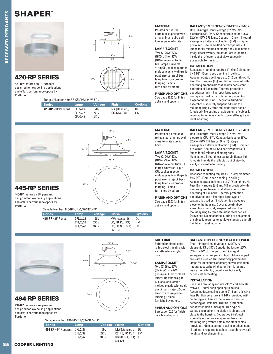 Cooper Lighting 445-RP, 494-RP, 420-RP manual Shaper, RP Series, Material, Lamp/Socket, Installation 