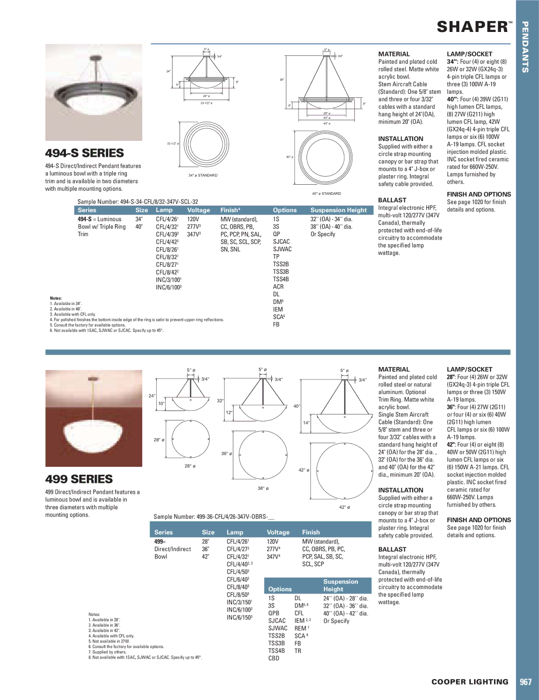 Cooper Lighting 494-S manual Material, Installation, Finish and Options, Ballast, Lamp/Socket 