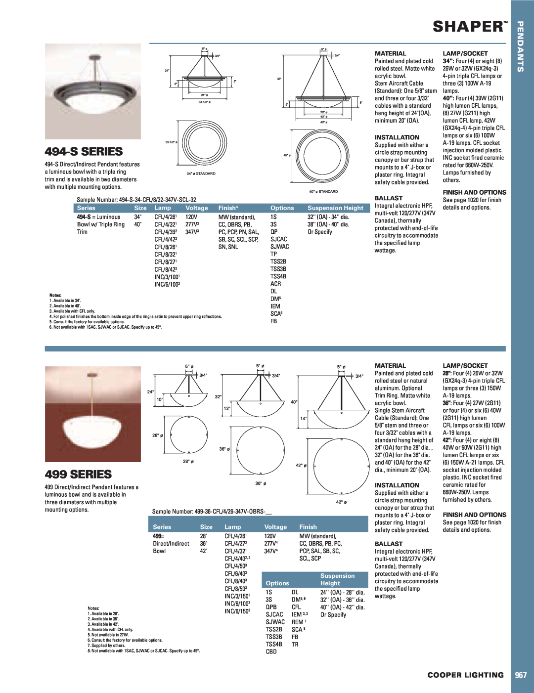 Cooper Lighting 494-S manual Shaper, Sseries, Series, Cooper Lighting, Material, Installation, Finish And Options, Ballast 