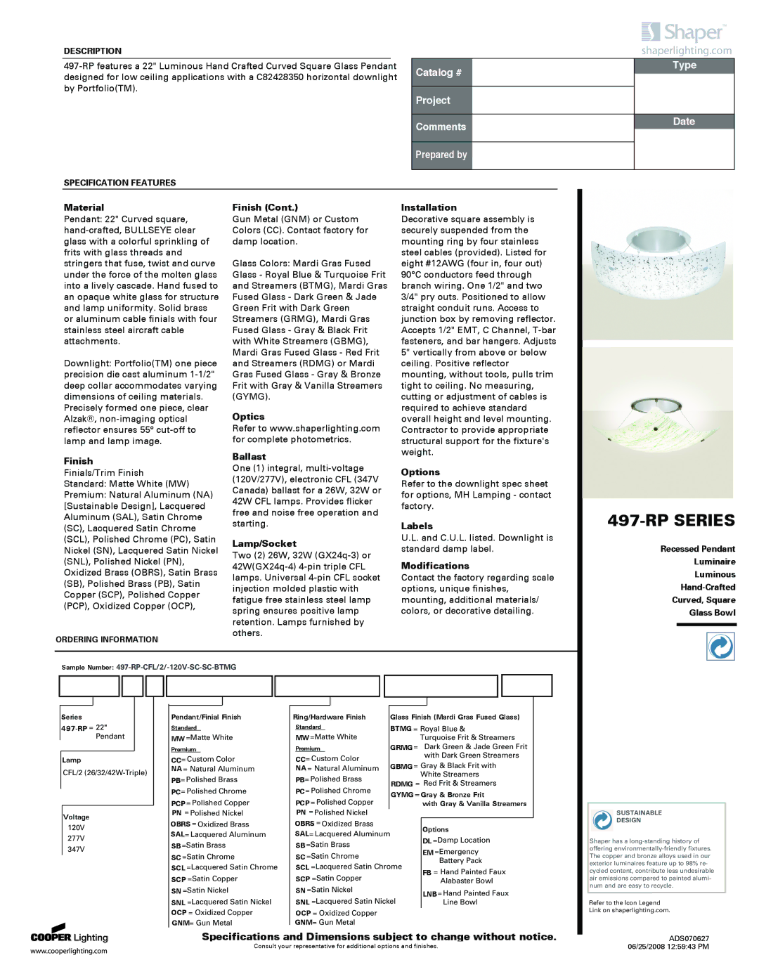 Cooper Lighting 497-RP specifications Material, Finish, Optics Ballast, Lamp/Socket, Installation, Options, Labels 