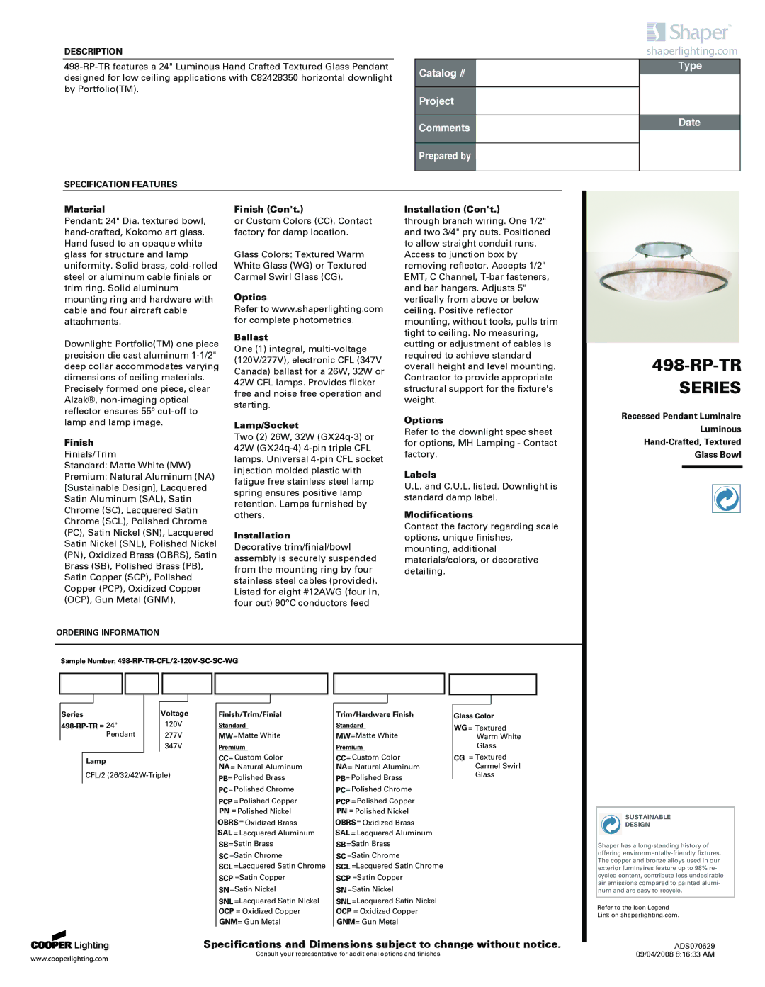 Cooper Lighting 498-RP-TR SERIES specifications Material, Finish, Optics Ballast, Lamp/Socket, Installation, Options 