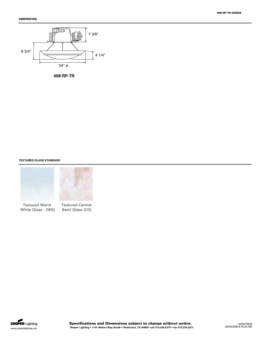 Cooper Lighting 498-RP-TR SERIES specifications Rp-Tr 