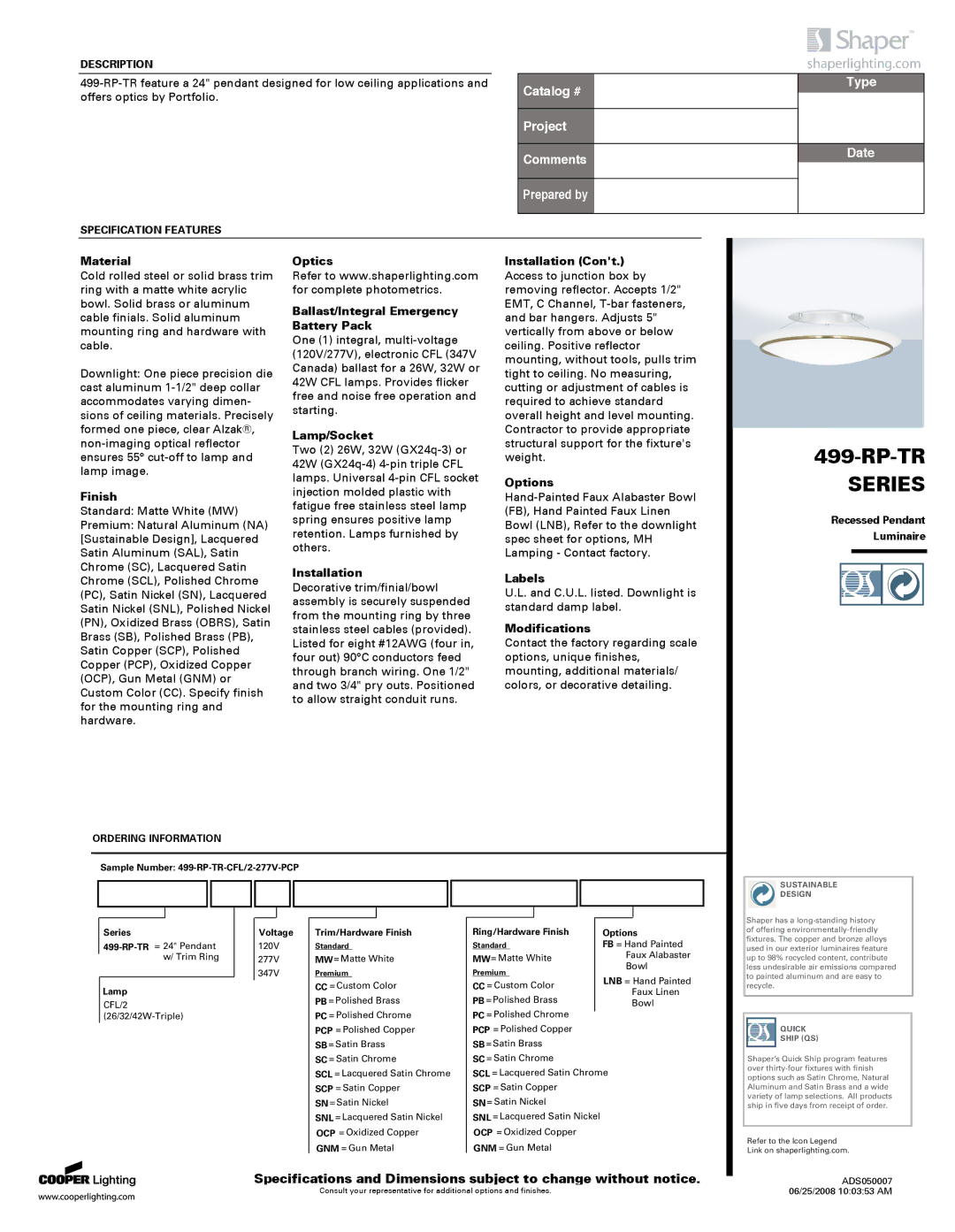 Cooper Lighting 499-RP-TR SERIES specifications Material, Finish, Optics Ballast/Integral Emergency Battery Pack, Options 