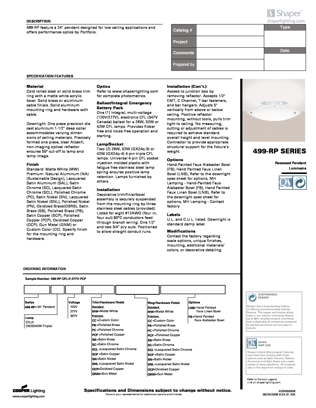 Cooper Lighting 499-RP specifications Rpseries, Catalog #, Project Comments, Prepared by, Type, Date 