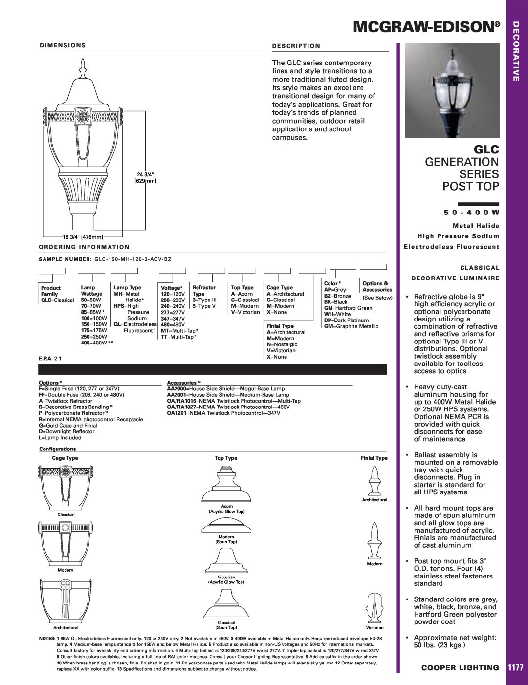 Cooper Lighting 50 - 400W dimensions Mcgraw-Edison, Glc Generation Series Post Top, 1177 