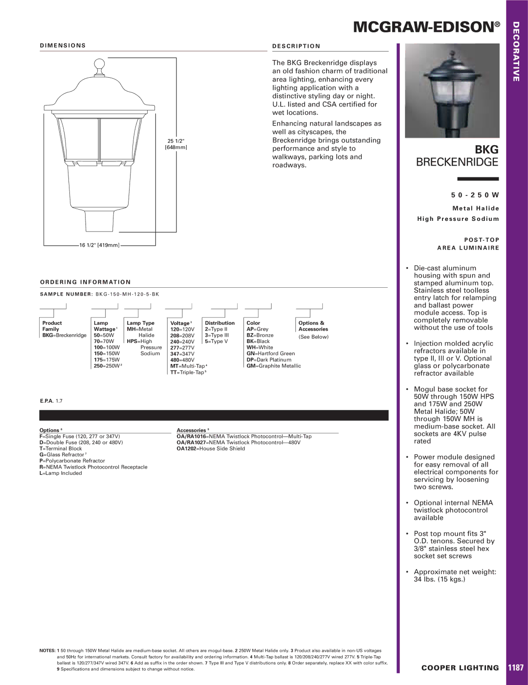 Cooper Lighting 50-250W dimensions Mcgraw-Edison, Bkg, Breckenridge, 2 5 0 W 