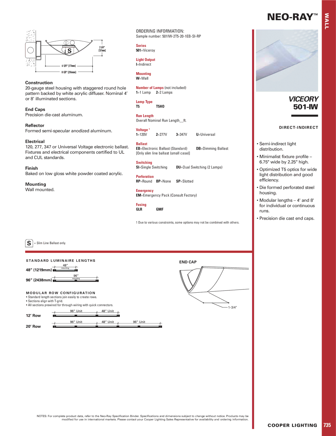 Cooper Lighting 735, 501IW specifications Construction, End Caps, Reflector, Electrical, Finish, Mounting 