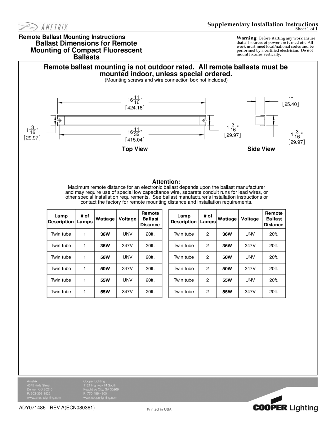Cooper Lighting 36W, 55W dimensions Remote Ballast Mounting Instructions, Top View Side View 