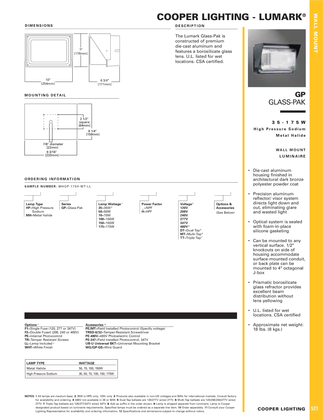Cooper Lighting 577 dimensions Cooper Lighting Lumark, Glass-Pak, Wall, Mount 