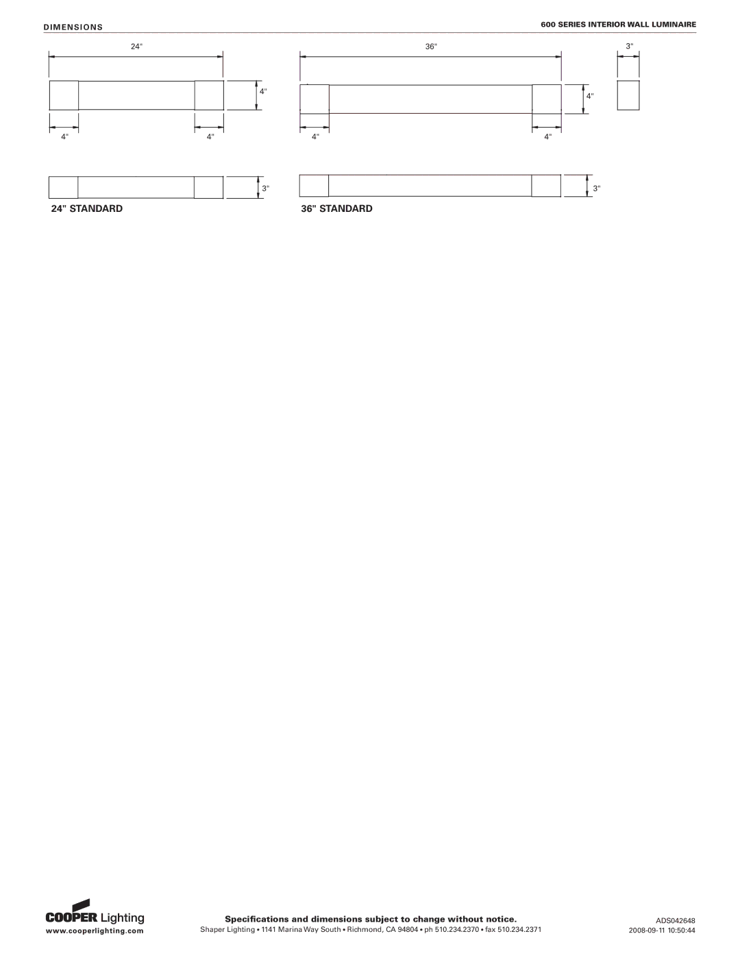 Cooper Lighting 600 specifications Standard 