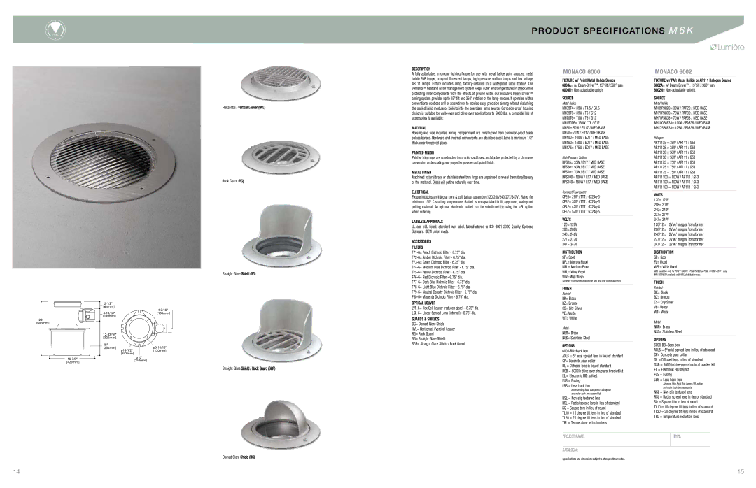Cooper Lighting 6000 manual Prod U CT S Pecification S M 6 K 