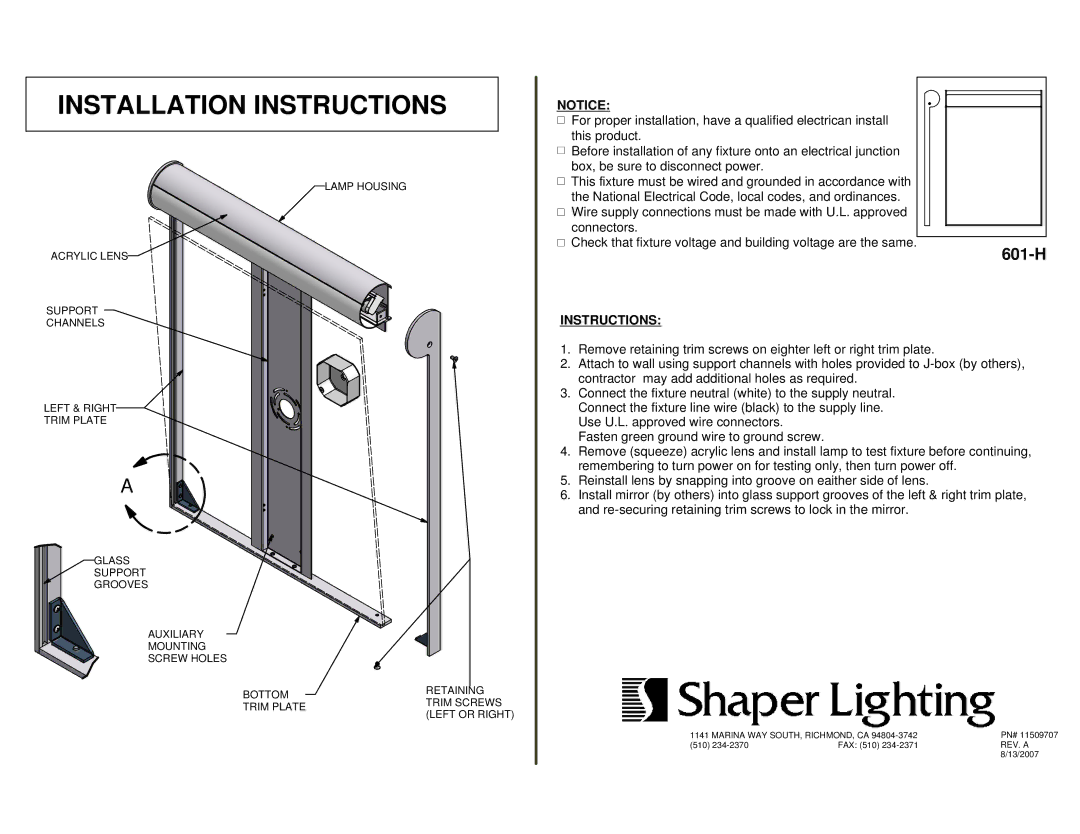 Cooper Lighting 601-H installation instructions Installation Instructions 