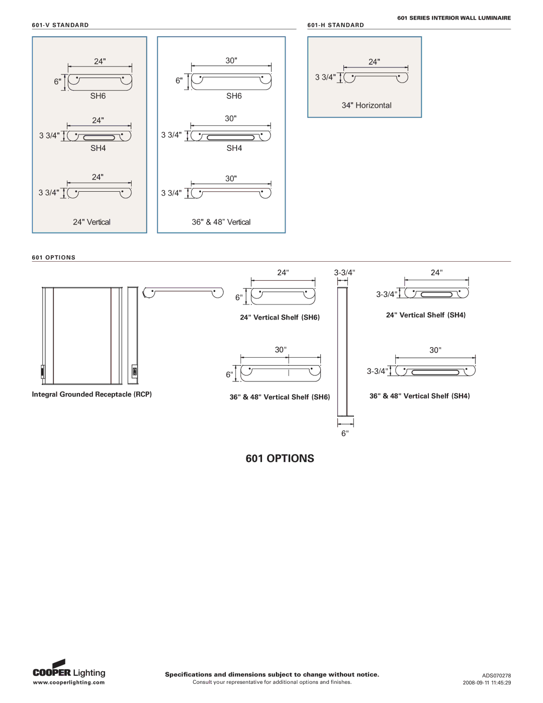 Cooper Lighting 601 SERIES specifications Options, Horizontal 