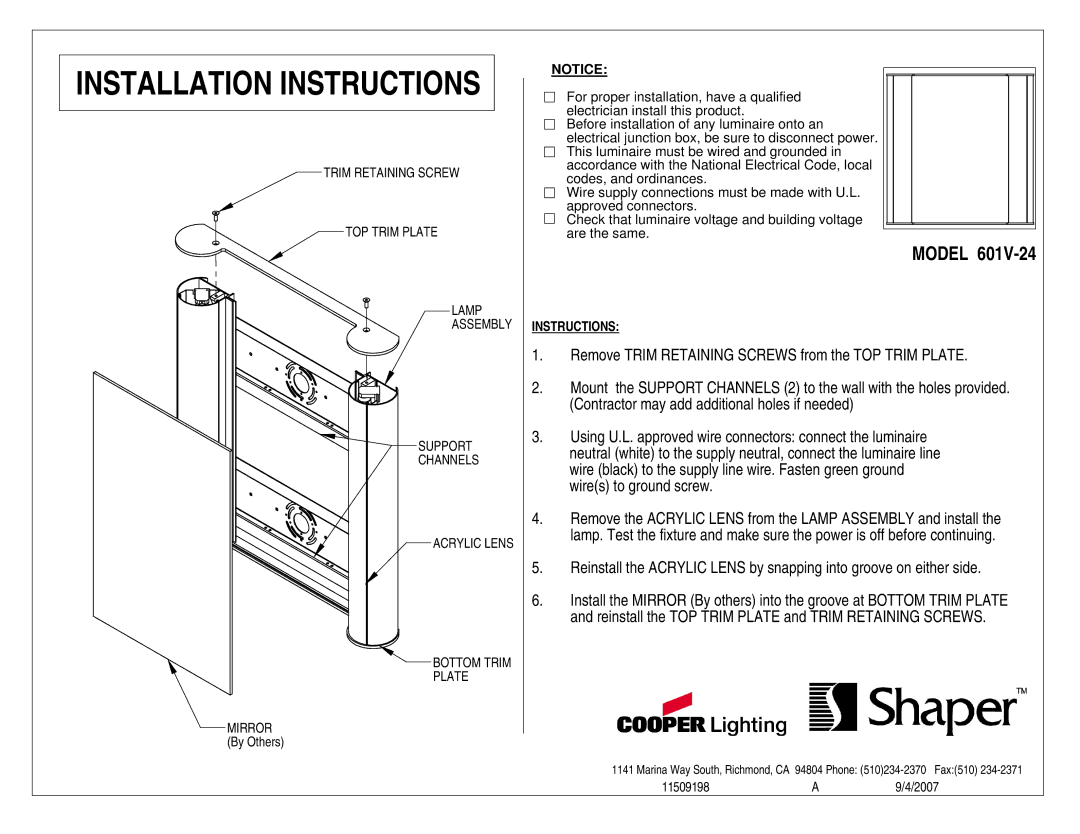 Cooper Lighting 601V-24 installation instructions Installation Instructions, Model 