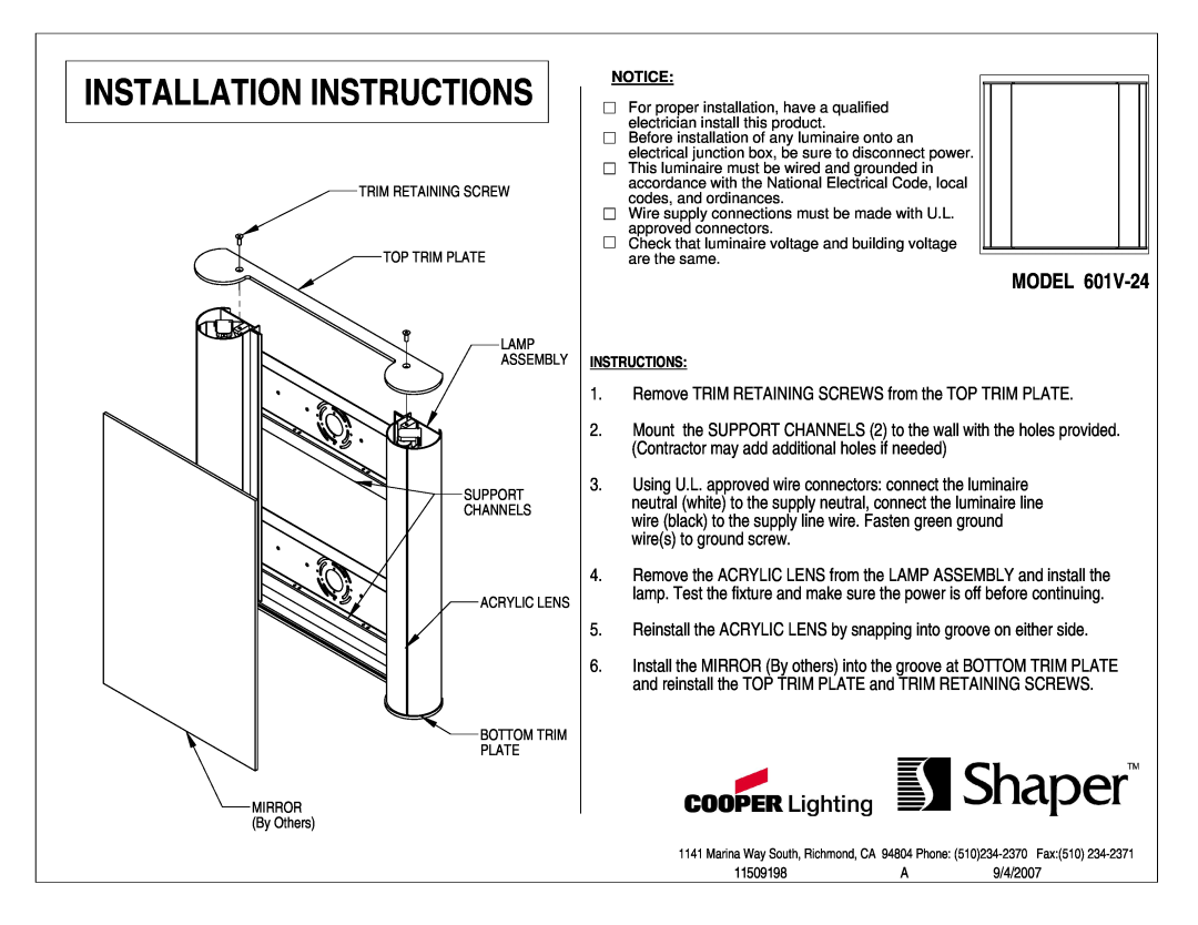 Cooper Lighting 601V-24 installation instructions Installation Instructions, Model 