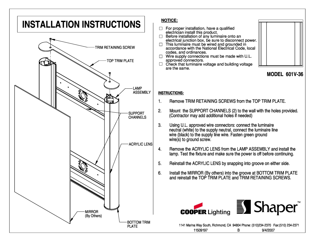 Cooper Lighting 601V-36 installation instructions Installation Instructions, Model 