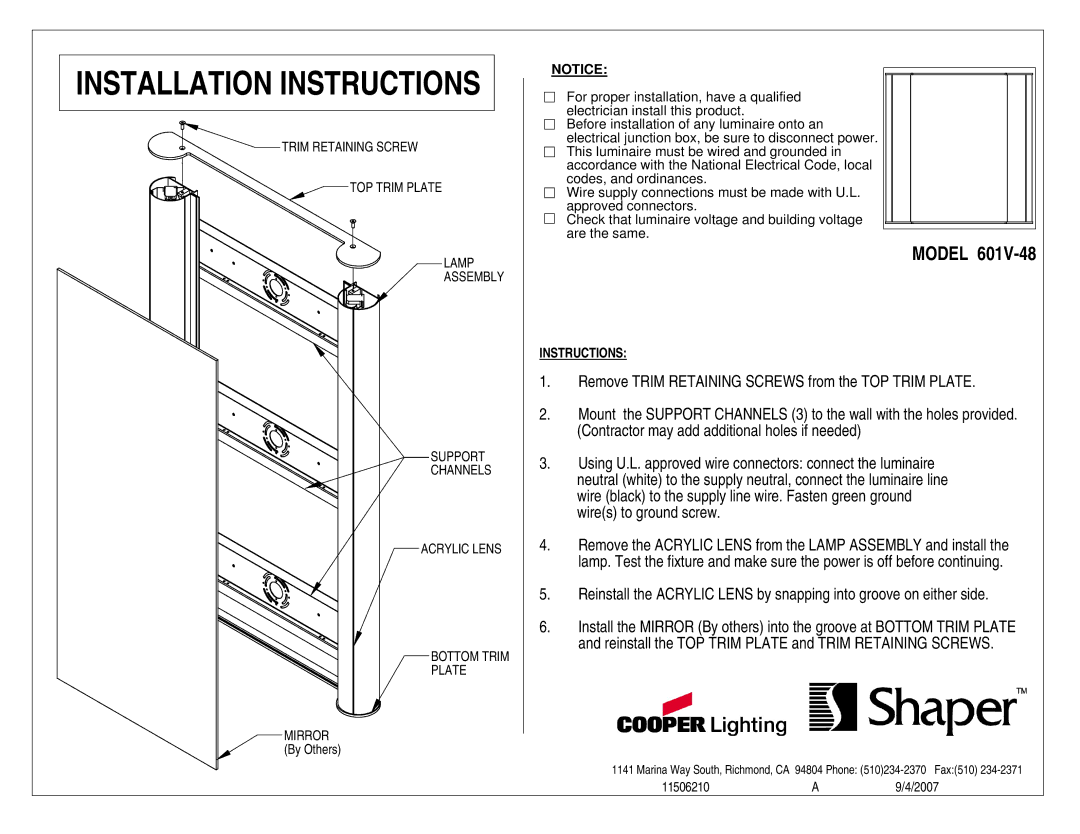 Cooper Lighting 601V-48 installation instructions Installation Instructions, Model 