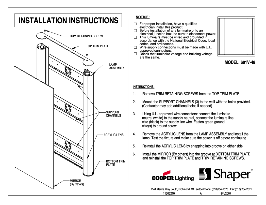 Cooper Lighting 601V-48 installation instructions Installation Instructions, Model 