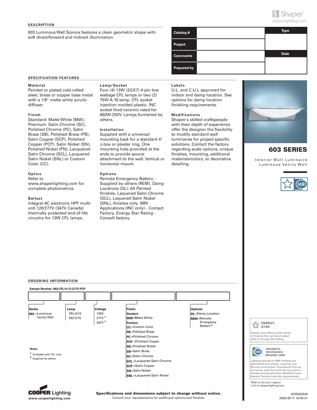 Cooper Lighting 603 specifications Series, Shaperlighting.com, Description, Specification Features, Ordering Information 