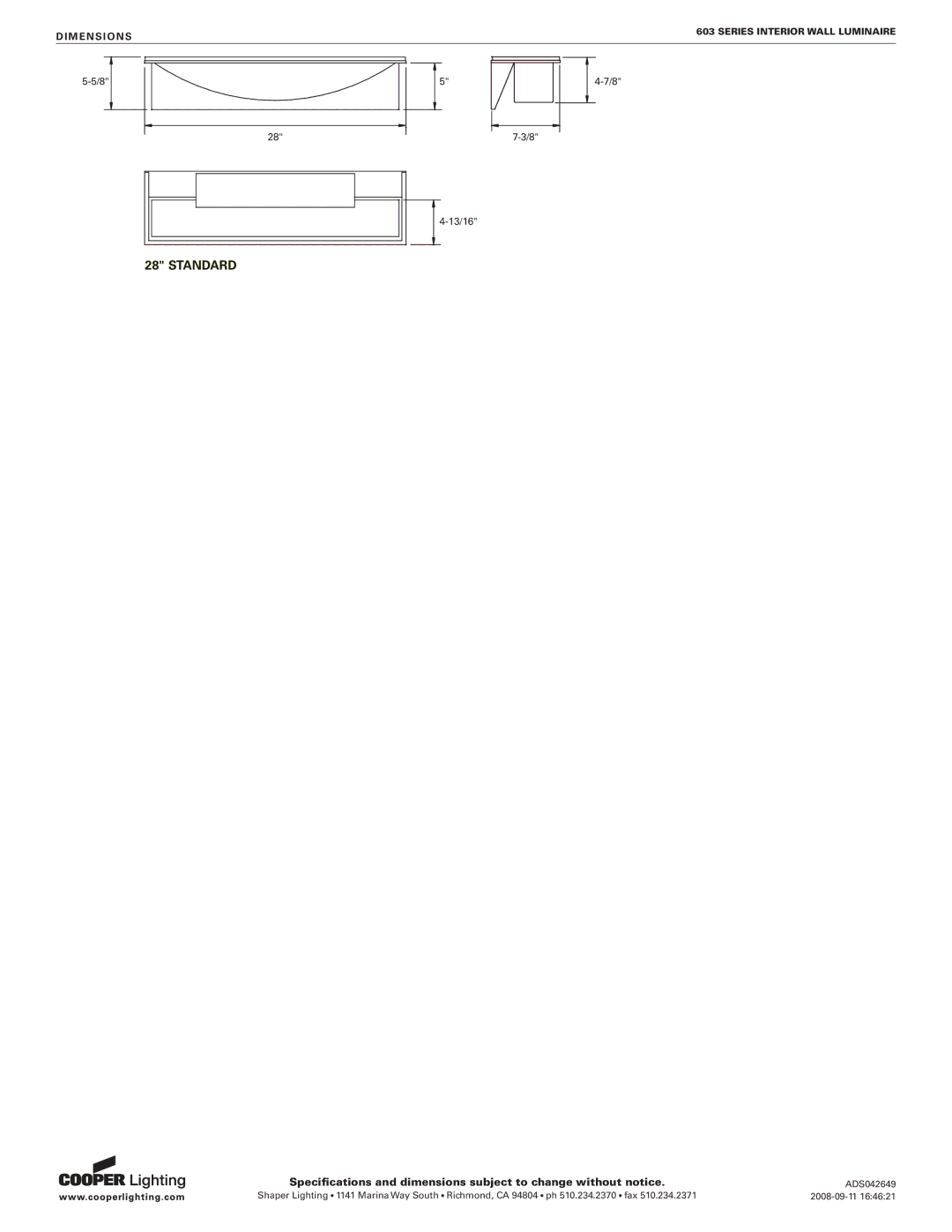 Cooper Lighting 603 specifications Standard, Dimensions 