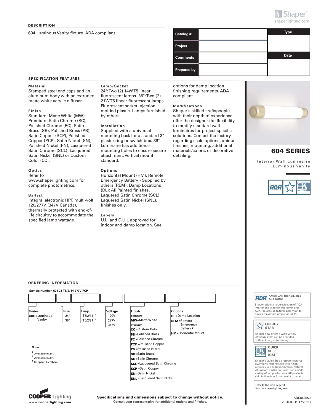 Cooper Lighting 604 SERIES specifications Series, Shaperlighting.com, Description, Specification Features 