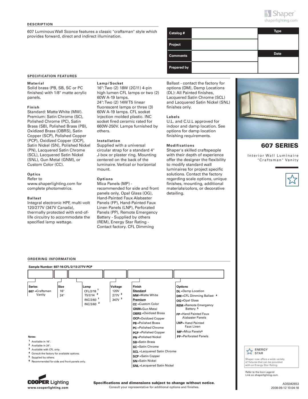 Cooper Lighting 607 Series specifications Shaperlighting.com, Description, Specification Features, Ordering Information 