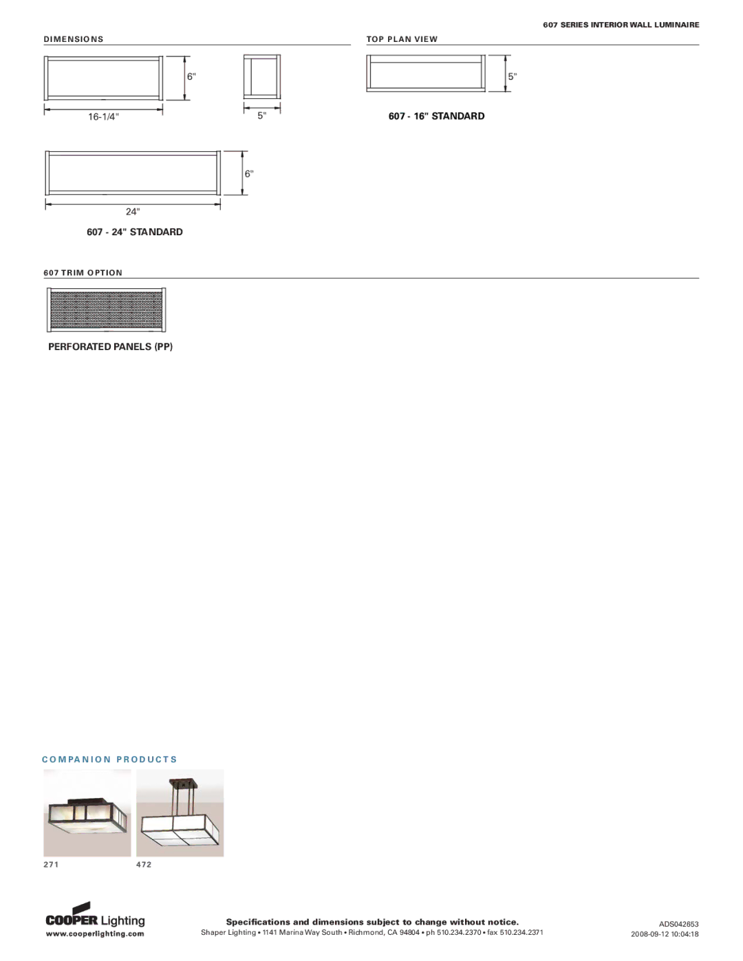 Cooper Lighting 607 Series Perforated Panels PP, Dimensions, Trim Option, TOP Plan View, M Pa N I O N P R O D U C T S 