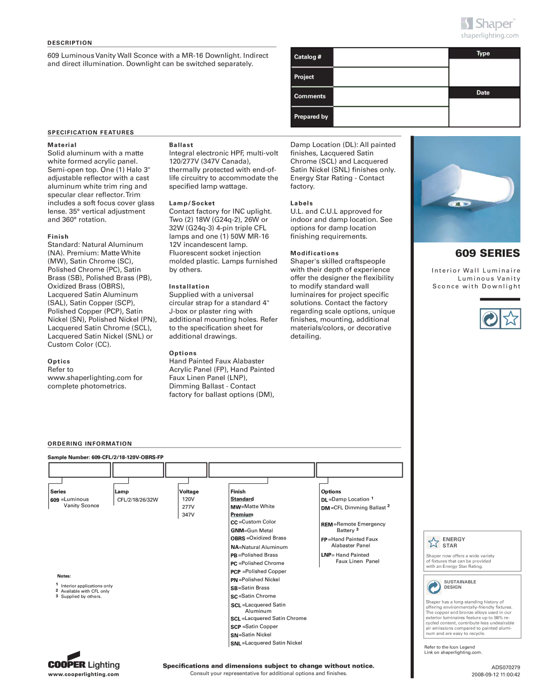 Cooper Lighting 609 specifications Series, Shaperlighting.com, Description, Specification Features, Ordering Information 