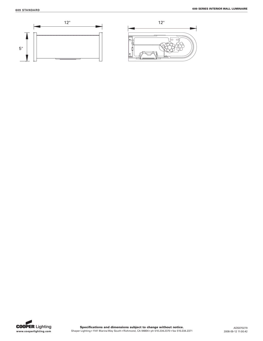 Cooper Lighting 609 specifications 1212, Standard 