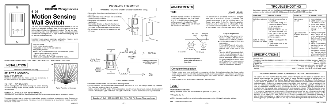 Cooper Lighting 6105 specifications Any Light Dark low Level Light level, Seconds Minutes 