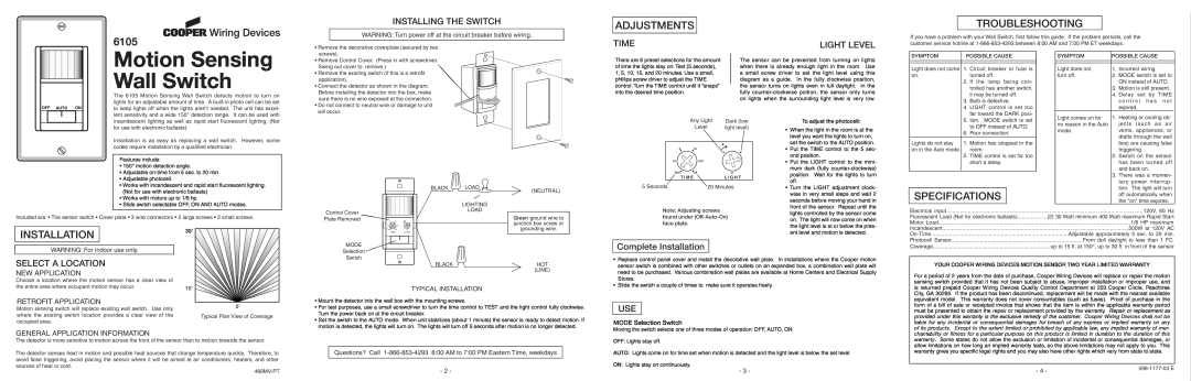 Cooper Lighting 6105 specifications WARNING Turn power off at the circuit breaker before wiring, Typical Installation 