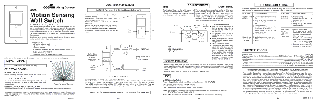 Cooper Lighting 6109 specifications Adjustments, Troubleshooting, Specifications, Installation, Use 