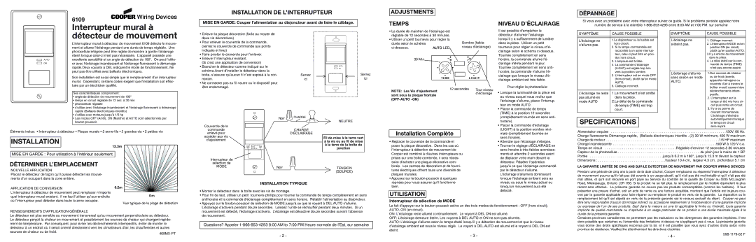 Cooper Lighting 6109 Symptôme Cause Possible, Auto, Neutre, Nouvelle Application, Charge ’ÉCLAIRAGE, Tension Source 