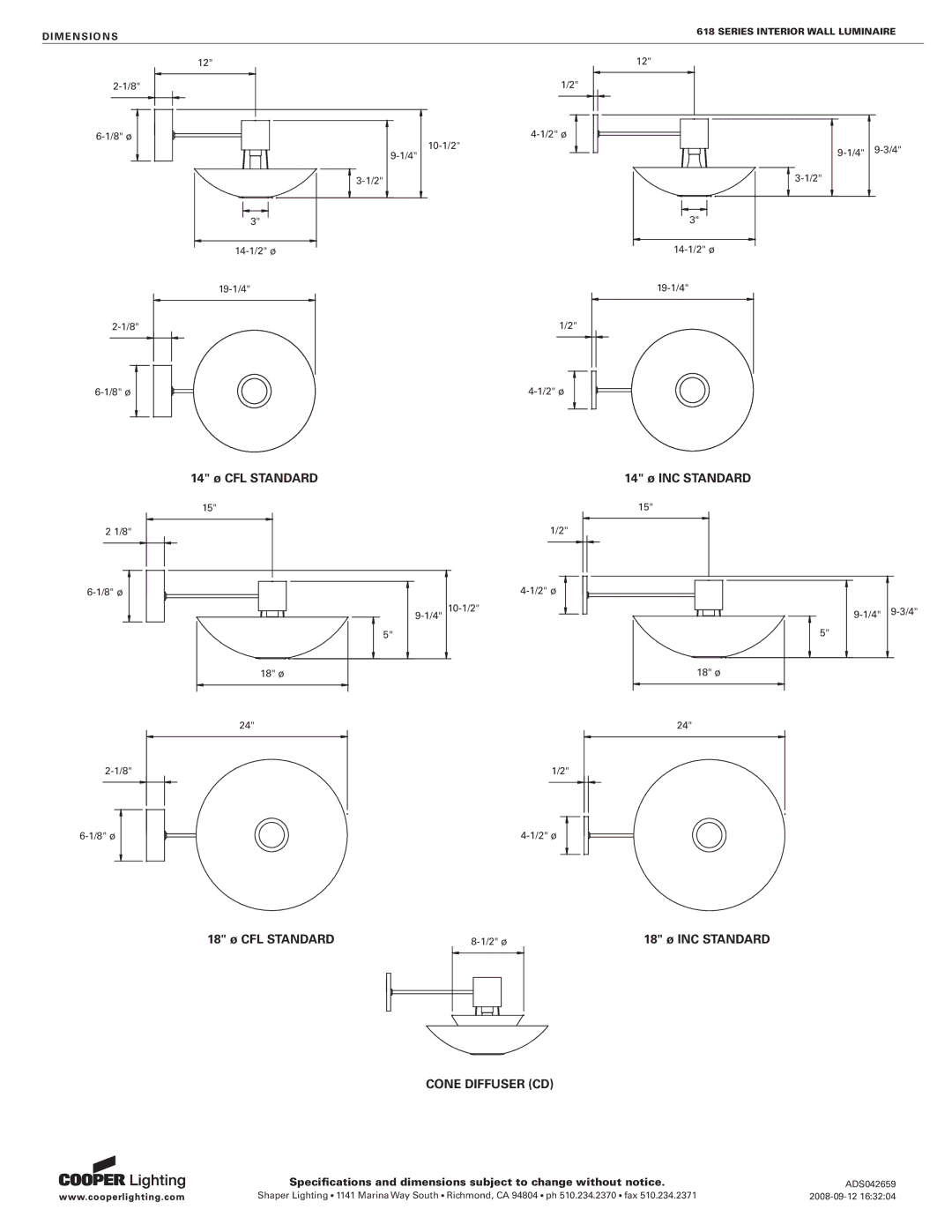 Cooper Lighting 618 specifications Cone Diffuser CD 