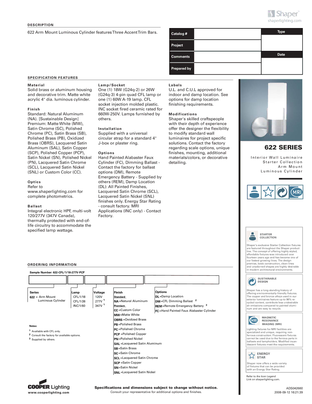 Cooper Lighting 622 specifications Series, Shaperlighting.com, Description, Specification Features, Ordering Information 