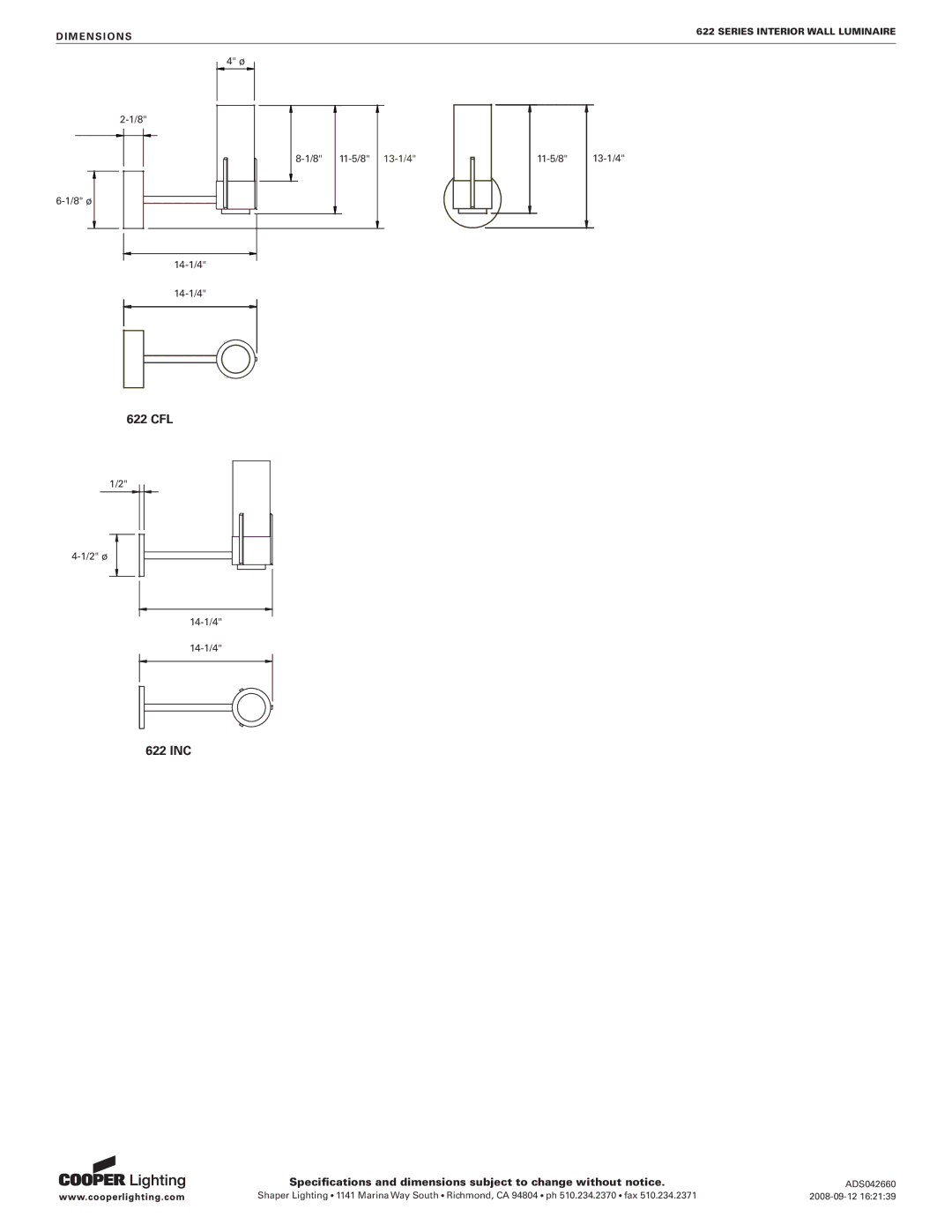 Cooper Lighting specifications 622 CFL, 622 INC, Dimensions 