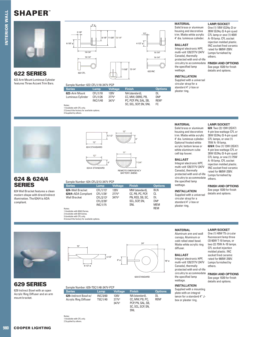 Cooper Lighting 624/4, 629 manual Material, Ballast, Installation LAMP/SOCKET 