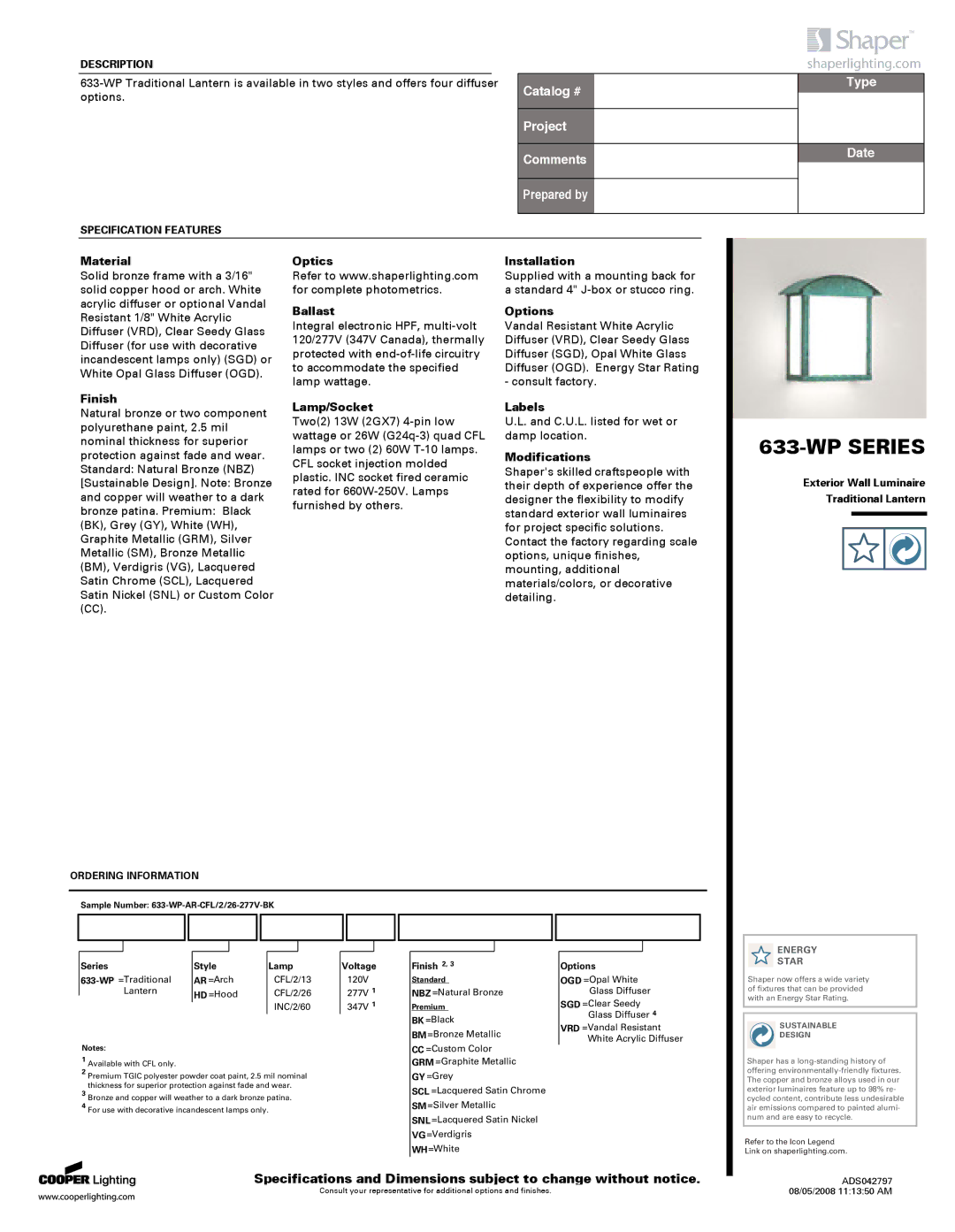 Cooper Lighting 633-WP specifications Material, Finish, Optics Ballast, Lamp/Socket, Installation, Options, Labels 