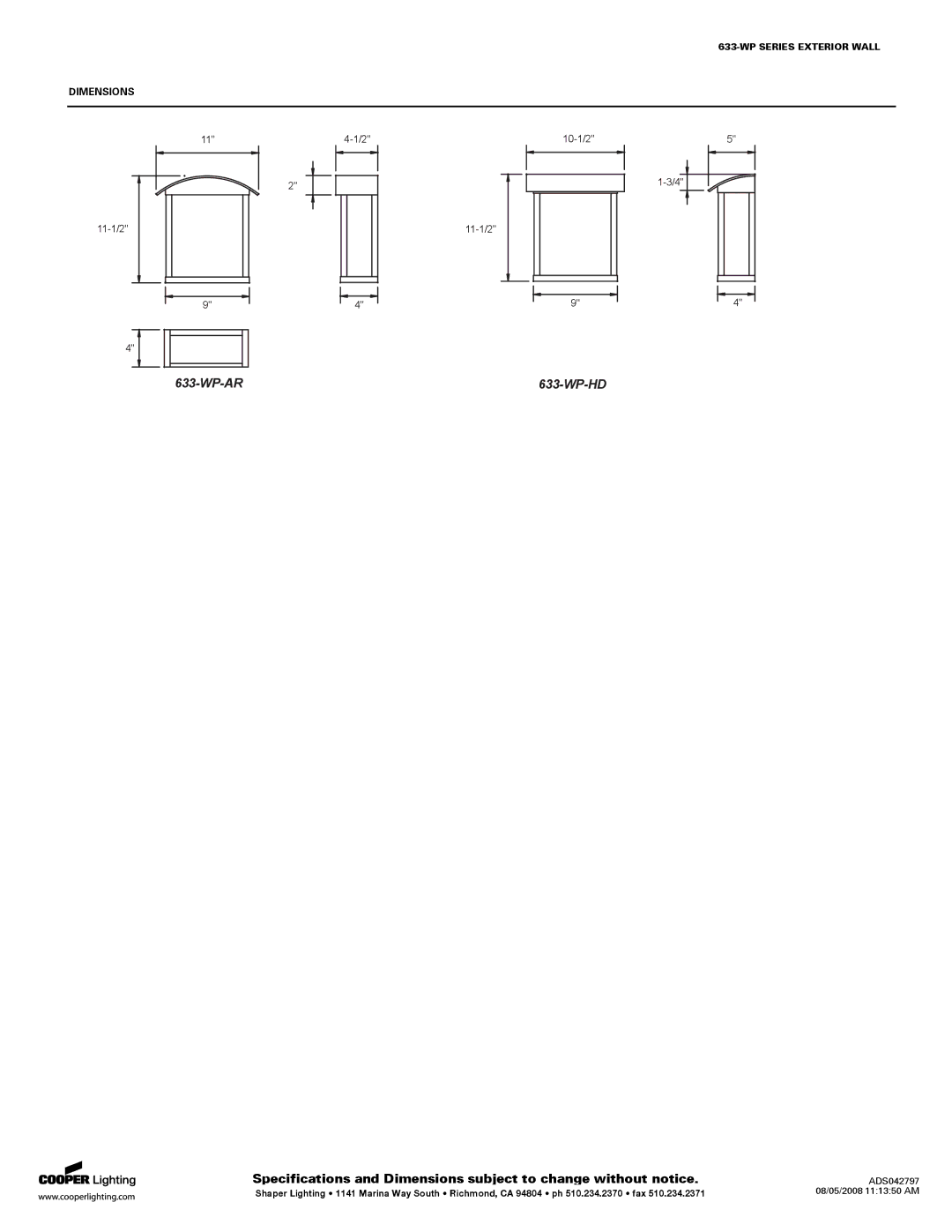 Cooper Lighting 633-WP specifications Wp-Ar 