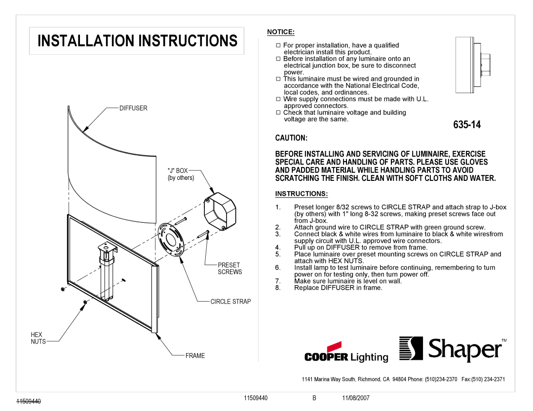 Cooper Lighting 635-14 installation instructions Installation Instructions, Diffuser 