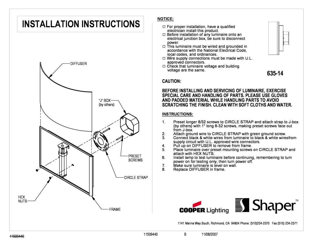 Cooper Lighting 635-14 installation instructions Installation Instructions 