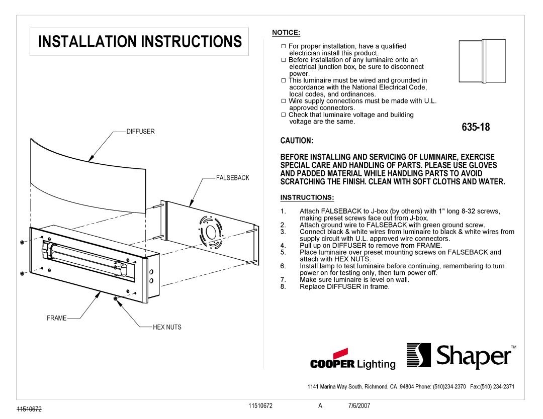 Cooper Lighting 635-18 installation instructions Installation Instructions, Diffuser Falseback Frame HEX Nuts 