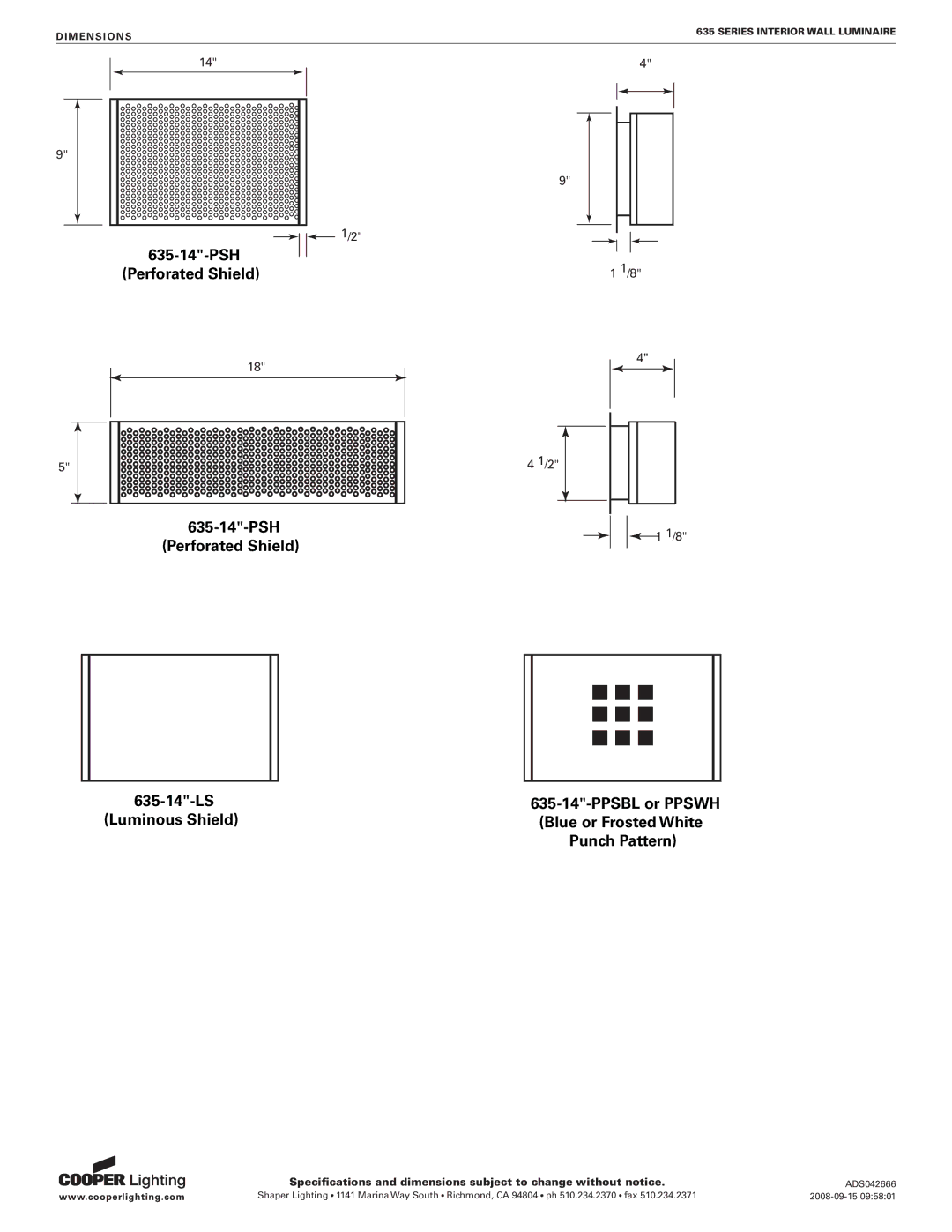 Cooper Lighting 635 specifications Dimensions 